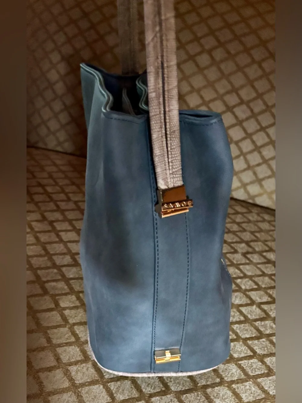 Samoe Convertible Strap Bucket Hobo Small Bag in Slate Blue Premium Faux Leather